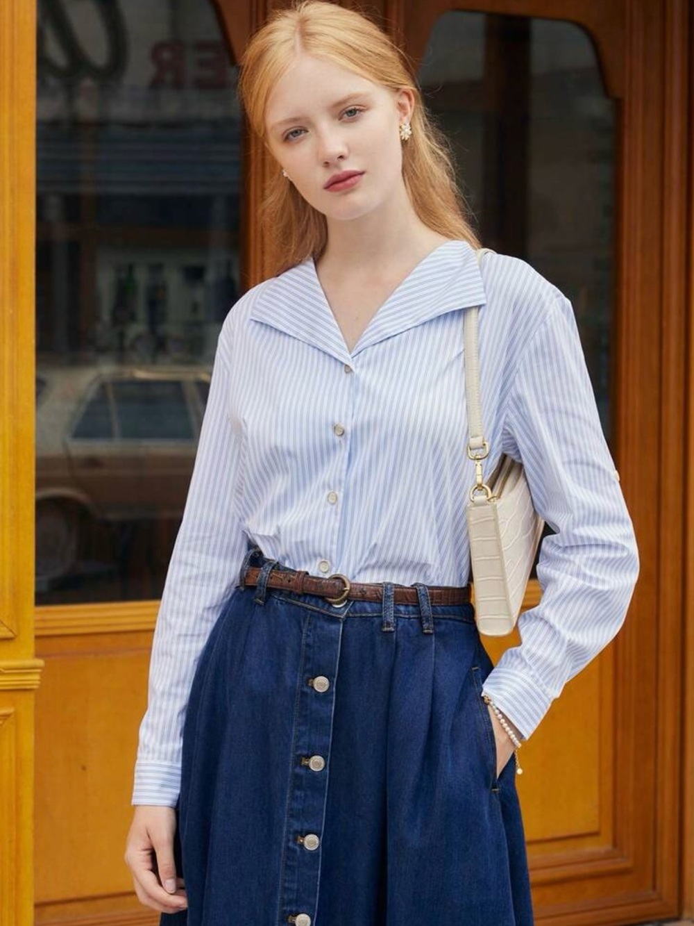 Simple Retro Light Blue Striped Button-Front Women’s Shirt - Size S ( NWOT )